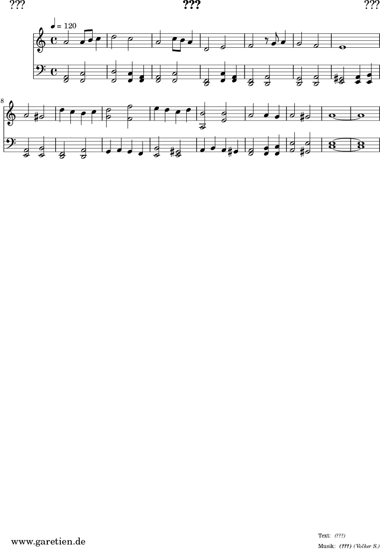 
\version "2.24.4"

\paper {
  print-page-number = ##f
}

\header{
  dedication = "🏰???"
  title = "???"
  subtitle = ""
  subsubtitle = "(???)"
  poet = ""
  meter = "(???)"
  composer = ""
  arranger = "(Volker S.)"
  tagline = "🏰 Herkunft: www.garetien.de - Notensatz: LilyPond 🏰"
}



myMusic = {
  <<
    \new Staff \relative c'' {
      \clef treble
      \time 4/4
      \key a \minor
      \tempo 4=120
      \set Staff.midiInstrument="french horn"
          a2 a8 b8 c4 | d2 c2 |
          a2 c8 b8 a4 | d,2 e2 |
          f2 r8 g8 a4 | 
          g2 f2 | e1 | a2 gis2 |
        d'4 c4 b4 c4 | <d g,>2 <f f,>2 |
        e4 d4 c4 d4 | <b a,>2 <b e,>2 |
        a2 a4 g4 | a2 gis2 | a1~ | a1 |
    }   
    \new Staff \relative c {
      \clef bass
      \key a \minor
      \set Staff.midiInstrument="french horn"
          <a f>2 <f c'>2 | <d' f,>2 <c f,>4 <a f>4 |
          <a f>2 <f c'>2 | <d f>2 <c' f,>4 <a f>4 |
          <f d>2 <a d,>2 | 
          <g d>2 <a d,>2 | <gis e>2 <a e>4 <b e,>4  | <a e>2 <b e,>2 | 
        <d, f>2 <d a'>2 | g4 a4 g4 f4 |
        <b e,>2 <e, gis>2 | a4 b4 a4 gis4 |
        <a f>2 <b f>4 <c f,>4 | <e a,>2 <e gis,>2 | <e c>1~ | <e c>1 |
    }
  >>
}

\score {
  \transpose c c {
    \myMusic
  }
  \layout { }
}

\score {
  \unfoldRepeats
  \transpose c c {
    \myMusic
   }
  \midi { }
}
