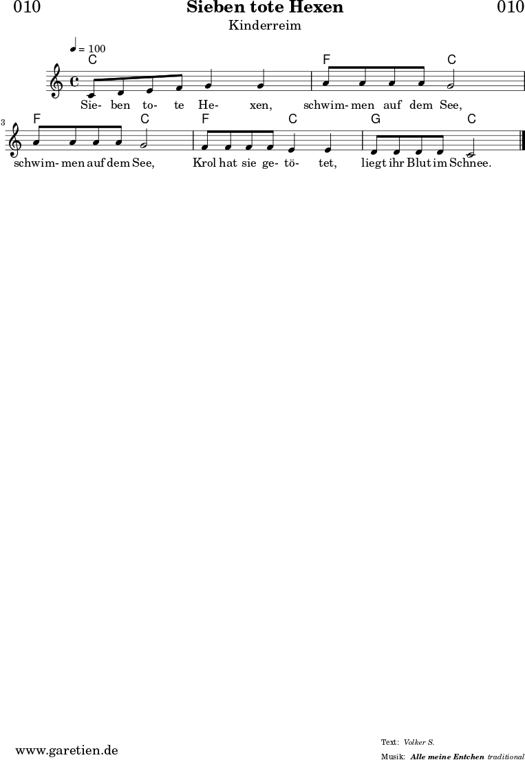 
\header{
  dedication = "🏰010"
  title = "Sieben tote Hexen"
  subtitle = "Kinderreim"
  subsubtitle = "Alle meine Entchen"
  meter = "Volker S."
  arranger = "traditional"
}


myMusic = {
  <<

  
    \chords {
      \germanChords
      \set chordChanges=##t
       c2 c2
       f2 c2
       f2 c2
       f2 c2
       g2 c2
    }
    
    \relative c' {
      \time 4/4
      \tempo 4=100
      \key c \major
      c8 d8 e8 f8 g4 g4 | 
      a8 a8 a8 a8 g2 |
      a8 a8 a8 a8 g2 |
      f8 f8 f8 f8 e4 e4 |
      d8 d8 d8 d8 c2 \fine
    }
  
    \addlyrics {
      Sie- ben to- te He- xen,
      schwim- men auf dem See,
      schwim- men auf dem See,
      Krol hat sie ge- tö- tet,
      liegt ihr Blut im Schnee.
    }

  >>
}

\score {
  \myMusic
  \layout { }
}

\score {
  \unfoldRepeats {
    \myMusic
  }
  \midi { }
}
