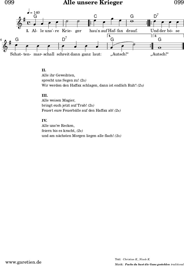 \header{
dedication = "🏰099"
title = "Alle unsere Krieger"
subtitle = ""
subsubtitle = "Fuchs du hast die Gans gestohlen"
poet = ""
meter = "Christian K., Nicole K."
composer = ""
arranger = "traditional"
}
myMusic = {
<<
\chords {
\germanChords
\set chordChanges=##t
\set Staff.midiInstrument="french horn"
\set Staff.midiMaximumVolume = #0.4
f1 | f1 |
\repeat volta 2 {
bes1 | f1 |
}
\repeat volta 2 {
c1:7 | f1 |
c1:7 |
}
\alternative {
{ f1 | }
{ f1 | }
}
\fine
}
\relative c' {
\time 4/4
\key f \major
\tempo 4=140
\set Staff.midiInstrument="trumpet"
f4 g4 a4 bes4 | c2 c2 |
\repeat volta 2 {
d4 bes4 f'4 d4 | c1 |
}
\repeat volta 2 {
c4 bes4 bes4 bes4 | bes4 a4 a4 a4 |
a4 g4 a4 g4 |
}
\alternative {
{ f4( a4 c2) | }
{ f,1 | }
}
\fine
}
\addlyrics {
\set stanza = "I. "
Al- le uns'- re Krie- ger
hau'n auf Haf- fax drauf.
Und der bö- se Schat- ten- mar- schall
schreit dann ganz laut: „Autsch!“
„Autsch!“
}
>>
}
\score {
\transpose f g {
\myMusic
}
\layout { }
}
\markup {
\fill-line {
\hspace #1
\column {
\vspace #1
\line { \bold { II. } }
\line { Alle ihr Geweihten, }
\line { sprecht uns Segen zu! \italic { (2x) } }
\line { Wir werden den Haffax schlagen, dann ist endlich Ruh‘! \italic { (2x) } }
\vspace #1
\line { \bold { III. } }
\line { Alle weisen Magier, }
\line { bringt euch jetzt auf Trab! \italic { (2x) } }
\line { Feuert eure Feuerbälle auf den Haffax ab! \italic { (2x) } }
\vspace #1
\line { \bold { IV. } }
\line { Alle uns‘re Recken, }
\line { feiern bis es kracht, \italic { (2x) } }
\line { und am nächsten Morgen liegen alle flach! \italic { (2x) } }
}
\hspace #1
}
}
\score {
\unfoldRepeats
\transpose f g {
\myMusic
}
\midi { }
}