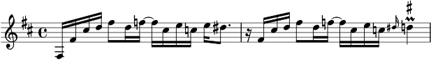 
 \version "2.10.25"
 
 \paper {
  print-page-number=##f
 }

 \header{
  title=""
  subtitle=""
  poet=""
  composer=""
  tagline=""
 }
 
 \score {
  \relative {
   \key d \major
   \set Staff.midiInstrument="Clarinet"

    fis16

    fis'16 cis'16 d16
    fis8 d16 f16~
    f16 cis16 e16 c16
    e16 dis8.

    r16

    fis,16 cis'16 d16
    fis8 d16 f16~
    f16 cis16 e16 c16
    \grace dis16 d4^\prall^\markup { \sharp }
  }

  \layout { }
  \midi { }
 }

