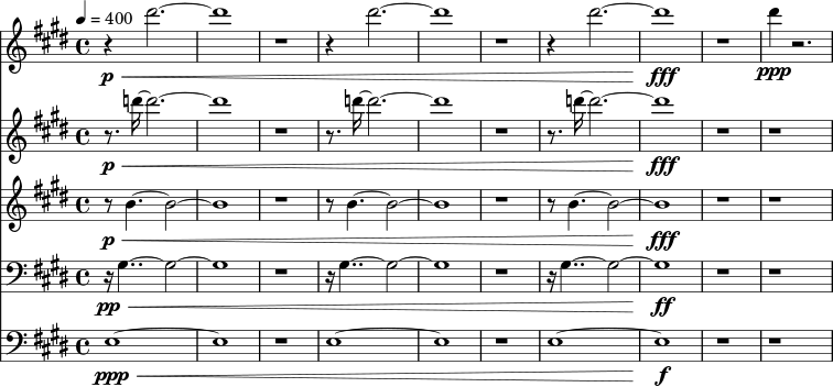 <<
\new Staff <<
\relative c''' {
\time 4/4
\tempo 4=400
\key e \major
\set Staff.midiInstrument="soprano sax"
r4\p\< dis2.~ | dis1 | r1 |
r4 dis2.~ | dis1 | r1 |
r4 dis2.~ | dis1\fff | r1 |
dis4\ppp r2. |
}
>>
\new Staff <<
\relative c''' {
\time 4/4
\tempo 4=400
\key e \major
\set Staff.midiInstrument="soprano sax"
r8.\p\< d16~ d2.~ | d1 | r1 |
r8. d16~ d2.~ | d1 | r1 |
r8. d16~ d2.~ | d1\fff | r1 |
r1 |
}
>>
\new Staff <<
\relative c'' {
\key e \major
\set Staff.midiInstrument="alto sax"
r8\p\< b4.~ b2~ | b1 | r1 |
r8 b4.~ b2~ | b1 | r1 |
r8 b4.~ b2~ | b1\fff | r1 |
r1 |
}
>>
\new Staff <<
\relative c' {
\key e \major
\clef bass
\set Staff.midiInstrument="tenor sax"
r16\pp \< gis4..~ gis2~ | gis1 | r1 |
r16 gis4..~ gis2~ | gis1 | r1 |
r16 gis4..~ gis2~ | gis1\ff | r1 |
r1 |
}
>>
\new Staff <<
\relative c {
\key e \major
\clef bass
\set Staff.midiInstrument="baritone sax"
e1~\ppp \< | e1 | r1 |
e1~ | e1 | r1 |
e1~ | e1\f | r1 |
r1 |
}
>>
>>