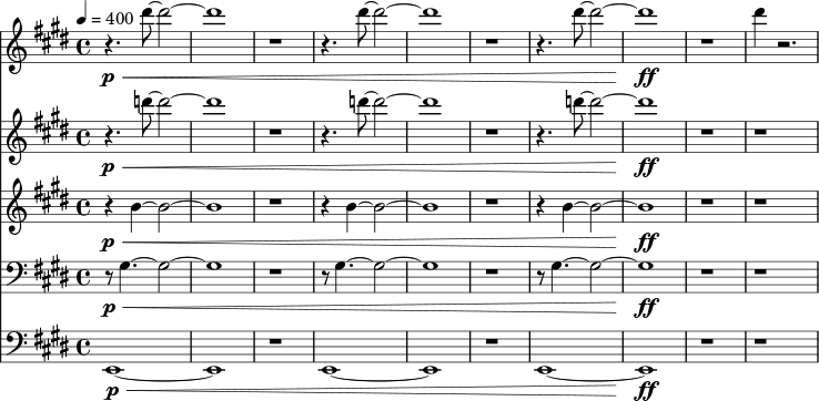 
<<
    \new Staff <<
    \relative c''' {
      \time 4/4
      \tempo 4=400
      \key e \major
      \set Staff.midiInstrument="trumpet"
      \p \<
      r4. dis8~ dis2~ | dis1 | r1 |
      r4. dis8~ dis2~ | dis1 | r1 |
      r4. dis8~ dis2~ | dis1 \ff | r1 |
      dis4 r2. |
    }
    >>
    \new Staff <<
    \relative c''' {
      \time 4/4
      \tempo 4=400
      \key e \major
      \set Staff.midiInstrument="trumpet"
      \p \<
      r4. d8~ d2~ | d1 | r1 |
      r4. d8~ d2~ | d1 | r1 |
      r4. d8~ d2~ | d1 \ff | r1 |
      r1 |
    }
    >>
    \new Staff <<    
    \relative c'' {
      \key e \major
      \set Staff.midiInstrument="trumpet"
      \p \<
      r4 b4~ b2~ | b1 | r1 |
      r4 b4~ b2~ | b1 | r1 |
      r4 b4~ b2~ | b1 \ff | r1 |
      r1 |
    }
    >>
    \new Staff <<    
    \relative c' {
      \key e \major
      \clef bass
      \set Staff.midiInstrument="trombone"
      \p \<
      r8 gis4.~ gis2~ | gis1 | r1 |
      r8 gis4.~ gis2~ | gis1 | r1 |
      r8 gis4.~ gis2~ | gis1 \ff | r1 |
      r1 |
    }
    >>
    \new Staff <<    
    \relative c, {
      \key e \major
      \clef bass
      \set Staff.midiInstrument="tuba"
      \p \<
      e1~ | e1 | r1 |
      e1~ | e1 | r1 |
      e1~ | e1 \ff | r1 |
      r1 |
    }
    >>
  >>
