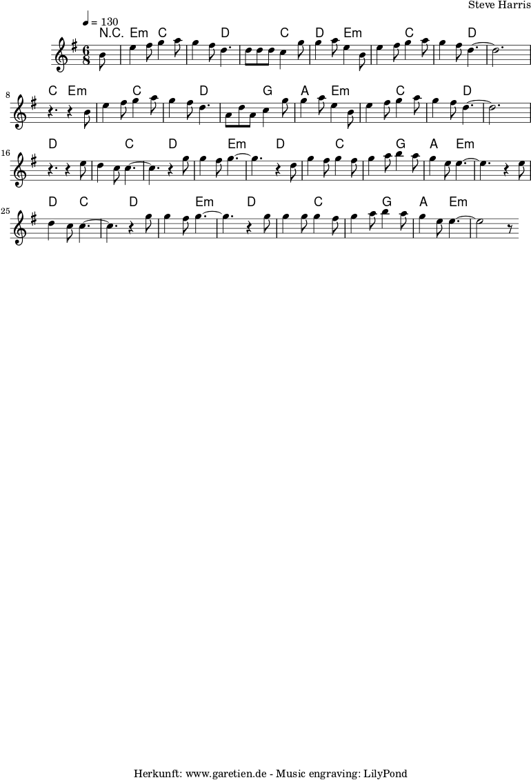 
 \version "2.10.25"
 
 \paper {
  print-page-number=##f
 }

 \header{
  title=""
  subtitle=""
  poet=""
  composer="Steve Harris"
  tagline="Herkunft: www.garetien.de - Music engraving: LilyPond"
 }
 
myMusic = {
  <<
   
   \context ChordNames {
    \set chordChanges=##t
    \chordmode {
     r8
     e4.:m c4. c4. d4.
     d4. c4. d4. e4.:m
     e4.:m c4. c4. d4.
     d4. d4. c4. e4.:m

     e4.:m c4. c4. d4.
     d4. g4. a4. e4.:m
     e4.:m c4. c4. d4.
     d4. d4. d4. d4.

     d4. c4. c4. d4.
     d4. e4.:m e4.:m d4.
     d4. c4. c4. g4.
     a4. e4.:m e4.:m e4.:m

     d4. c4. c4. d4.
     d4. e4.:m e4.:m d4.
     d4. c4. c4. g4.
     a4. e4.:m e4.:m e4.:m

    }
   } 

   \relative {
   \time 6/8
   \partial 8
   \tempo 4=130
    \key e \minor
    \set Staff.midiInstrument="Clarinet"
    b'8 |
    e4 fis8 g4 a8 | g4 fis8 d4. |
    d8 d8 d8 c4 g'8 | g4 a8 e4 b8 | 
    e4 fis8 g4 a8 | g4 fis8 d4.~ |
    d2. | r4. r4

    b8 |
    e4 fis8 g4 a8 | g4 fis8 d4. |
    a8 d8 a8 c4 g'8 | g4 a8 e4 b8 | 
    e4 fis8 g4 a8 | g4 fis8 d4.~ |
    d2. | r4. r4
    
    e8 |
    d4 c8 c4.~ | c4. r4 g'8 |
    g4 fis8 g4.~ | g4. r4 d8 |
    g4 fis8  g4 fis8 | g4 a8 b4 a8 |
    g4 e8 e4.~ | e4. r4

    e8 |
    d4 c8 c4.~ | c4. r4 g'8 |
    g4 fis8 g4.~ | g4. r4 g8 |
    g4 g8 g4 fis8 | g4 a8 b4 a8 |
    g4 e8 e4.~ | e2 r8 

   }
 >>
 }
\score {
  \myMusic
  \layout { }
}


\score {
  \unfoldRepeats {
    \myMusic
  }
  \midi { }
}
