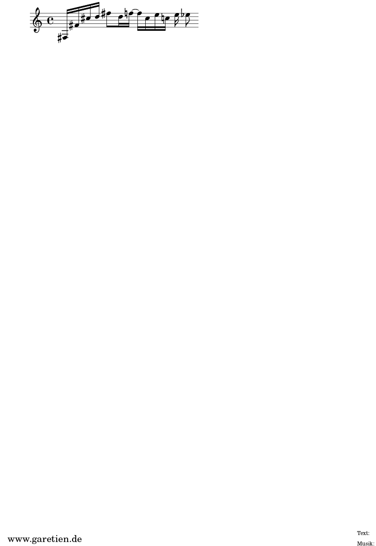 
 \version "2.10.25"
 
 \paper {
  print-page-number=##f
 }

 \header{
  title=""
  subtitle=""
  poet=""
  composer=""
  tagline=""
 }
 
 \score {
  \relative {
   \key c \major
   \set Staff.midiInstrument="Clarinet"
    fis16 fis'16 cis'16 d16
    fis8 d16 f16~
    f16 cis16 e16 c16
    e16 ees8
  }
 }

 \layout { }
 \midi { }

