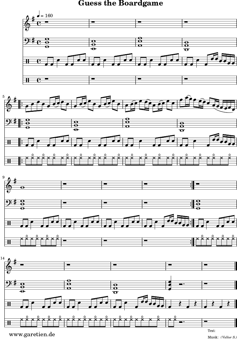 \version "2.18.2"
\paper {
print-page-number=##f
}
\header{
dedication=""
title="Guess the Boardgame"
subtitle=""
subsubtitle=""
meter=""
arranger="(Volker S.)"
tagline=""
}
myMusic = {
<<
\new Staff <<
\relative c'' {
\time 4/4
\key g \major
\set Staff.midiInstrument="distorted guitar"
\set Staff.midiMinimumVolume = 0.5
\set Staff.midiMaximumVolume = 1.0
\tempo 4=160
r1 |
r1 |
r1 |
r1 |
\repeat volta 2 {
g8 b8 d8 b8 g8 b16( c16) d8 b8 |
g8 b16( c16) e8 b8 g8 b16( c16) e8 b8 |
a8 b16( c16) e8 d16( c16) a8 b16( c16) e8 c8 |
fis8 a16( g16) fis8 e16( d16) c8 a16( g16 fis16 e16 fis16 d16) |
g1 |
r1 |
r1 |
r1 |
}
r1 |
r1 |
r1 |
r1 |
r1 |
r1 \bar "|."
}
>>
\new Staff <<
\relative c {
\time 4/4
\key g \major
\clef bass
\set Staff.midiInstrument="distorted guitar"
\set Staff.midiMinimumVolume = 0.1
\set Staff.midiMaximumVolume = 0.6
<g d' g>1 |
<e b' e>1 |
<a e' a>1 |
<d, a' d>1 |
\repeat volta 2 {
<g d' g>1 |
<e b' e>1 |
<a e' a>1 |
<d, a' d>1 |
<g d' g>1 |
r1 |
r1 |
r1 |
}
<g d' g>1 |
<e b' e>1 |
<a e' a>1 |
<d, a' d>1 |
<g d' g>4 r2. |
r1 |
}
>>
\drums {
\set Staff.midiMinimumVolume = 0.5
\set Staff.midiMaximumVolume = 1.0
bd8 bd8 sn4 bd8 bd8 sn8 sn8 |
bd8 bd8 sn4 bd8 bd8 sn8 sn8 |
bd8 bd8 sn4 bd8 bd8 sn8 sn8 |
bd8 bd8 sn4 bd8 tommh16 tommh16 tomml16 tomml16 tomfh16 tomfh16 |
\repeat volta 2 {
bd8 bd8 sn4 bd8 bd8 sn8 sn8 |
bd8 bd8 sn4 bd8 bd8 sn8 sn8 |
bd8 bd8 sn4 bd8 bd8 sn8 sn8 |
bd8 bd8 sn4 bd8 tommh16 tommh16 tomml16 tomml16 tomfh16 tomfh16 |
bd8 bd8 sn4 bd8 bd8 sn8 sn8 |
bd8 bd8 sn4 bd8 bd8 sn8 sn8 |
bd8 bd8 sn4 bd8 bd8 sn8 sn8 |
bd8 bd8 sn4 bd8 tommh16 tommh16 tomml16 tomml16 tomfh16 tomfh16 |
}
bd8 bd8 sn4 bd8 bd8 sn8 sn8 |
bd8 bd8 sn4 bd8 bd8 sn8 sn8 |
bd8 bd8 sn4 bd8 bd8 sn8 sn8 |
bd8 bd8 sn4 bd8 tommh16 tommh16 tomml16 tomml16 tomfh16 tomfh16 |
bd4 r4 bd4 r4 |
bd4 r4 bd4 r4 |
}
\drums {
\set Staff.midiMinimumVolume = 0.5
\set Staff.midiMaximumVolume = 1.0
r1 |
r1 |
r1 |
r1 |
\repeat volta 2 {
hh8 hho8 hh8 hho8 hh8 hho8 hh8 hho8 |
hh8 hho8 hh8 hho8 hh8 hho8 hh8 hho8 |
hh8 hho8 hh8 hho8 hh8 hho8 hh8 hho8 |
hh8 hho8 hh8 hho8 hh8 hho8 hh8 hho8 |
hh8 hho8 hh8 hho8 hh8 hho8 hh8 hho8 |
r1 |
r1 |
r1 |
}
hh8 hho8 hh8 hho8 hh8 hho8 hh8 hho8 |
hh8 hho8 hh8 hho8 hh8 hho8 hh8 hho8 |
hh8 hho8 hh8 hho8 hh8 hho8 hh8 hho8 |
hh8 hho8 hh8 hho8 hh8 hho8 hh8 hho8 |
hh8 hho8 r2. |
r1 |
}
>>
}
\score {
\myMusic
\layout { }
}
\score {
\unfoldRepeats {
\myMusic
}
\midi { }
}