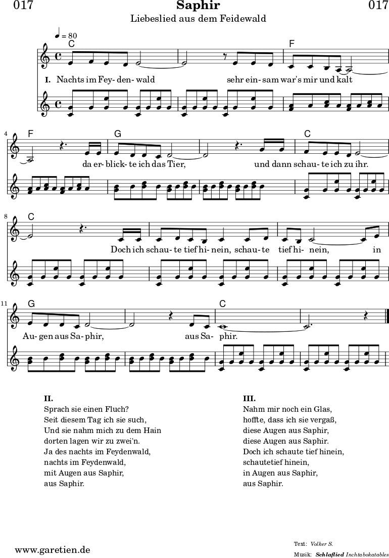 
\version "2.18.2"
 
\paper {
  print-page-number = ##f
}

\header{
  dedication = "🏰017"
  title = "Saphir"
  subtitle = "Liebeslied aus dem Feidewald"
  subsubtitle = "Schlaflied"
  meter = "Volker S."
  arranger = "Inchtabokatables"
}

beglc={<<c,8 g'8>> g8 <<e'8 g,8>> g8}
beglf={<<f8 a8>> a8 <<c8 a8>> a8}
beglg={<<g8 b8>> b8 <<d8 b8>> b8}
beglcv={\beglc \beglc \beglc \beglc }
beglfv={\beglf \beglf \beglf \beglf }
beglgv={\beglg \beglg \beglg \beglg }
 
myMusic = {
  <<
    \chords {
      \germanChords
      \set chordChanges=##t
      c1 c1 f1 f1 g1 g1 c1 c1 c1 c1 g1 g1 c1 c1
    }  

   
    \relative c' {
      \time 4/4
      \tempo 4=80
      \key c \major
      \clef "treble"
      \set Staff.midiInstrument="Oboe"
      e8 f8 e8 d8 e2~ e2 r8
      e8 e8 d8 c8 c8 b8 a8~ a2~ a2 r4.
      e'16 e16 e8 d8 d8 c8 d2~ d2 r4.
      g16 g16 f8 e8 e8 d8 e2~ e2 r4.
      c16 c16 c8 d8 c8 b8 c4
      c8 d8 c8 b8 c2~ c8
      e8 e8 d8 d8 c8 d2~ d2 r4
      d8 c8 c1~ c2. r4 \fine
    } 
 
    \addlyrics {
      \set stanza = "I. "
      Nachts im Fey- den- wald
      sehr ein- sam war's mir und kalt
      da er- blick- te ich das Tier,
      und dann schau- te ich zu ihr.
      Doch ich schau- te tief hi- nein,
      schau- te tief hi- nein,
      in Au- gen aus Sa- phir,
      aus Sa- phir.
    }
    
    \relative c'' {
      \key c \major
      \clef "treble"
      \set Staff.midiInstrument="Pizzicato Strings"
      \beglcv \beglfv \beglgv \beglcv
      \beglcv \beglgv \beglcv
    } 
 
  >>
}

\score {
  \myMusic
  \layout { }
}

\markup {
  \fill-line {
    \hspace #1
    \column {
      \line { \bold {II.} }
      \line { Sprach sie einen Fluch? }
      \line { Seit diesem Tag ich sie such, }
      \line { Und sie nahm mich zu dem Hain }
      \line { dorten lagen wir zu zwei'n. }
      \line { Ja des nachts im Feydenwald, }
      \line { nachts im Feydenwald, }
      \line { mit Augen aus Saphir, }
      \line { aus Saphir. }
    }
    \hspace #2
    \column {
      \line { \bold {III.} }
      \line { Nahm mir noch ein Glas, }
      \line { hoffte, dass ich sie vergaß, }
      \line { diese Augen aus Saphir, }
      \line { diese Augen aus Saphir. }
      \line { Doch ich schaute tief hinein, }
      \line { schautetief hinein, }
      \line { in Augen aus Saphir, }
      \line { aus Saphir. }
    }
    \hspace #1
  }
}

\score {
  \unfoldRepeats {
    \myMusic
  }
  \midi { }
}
