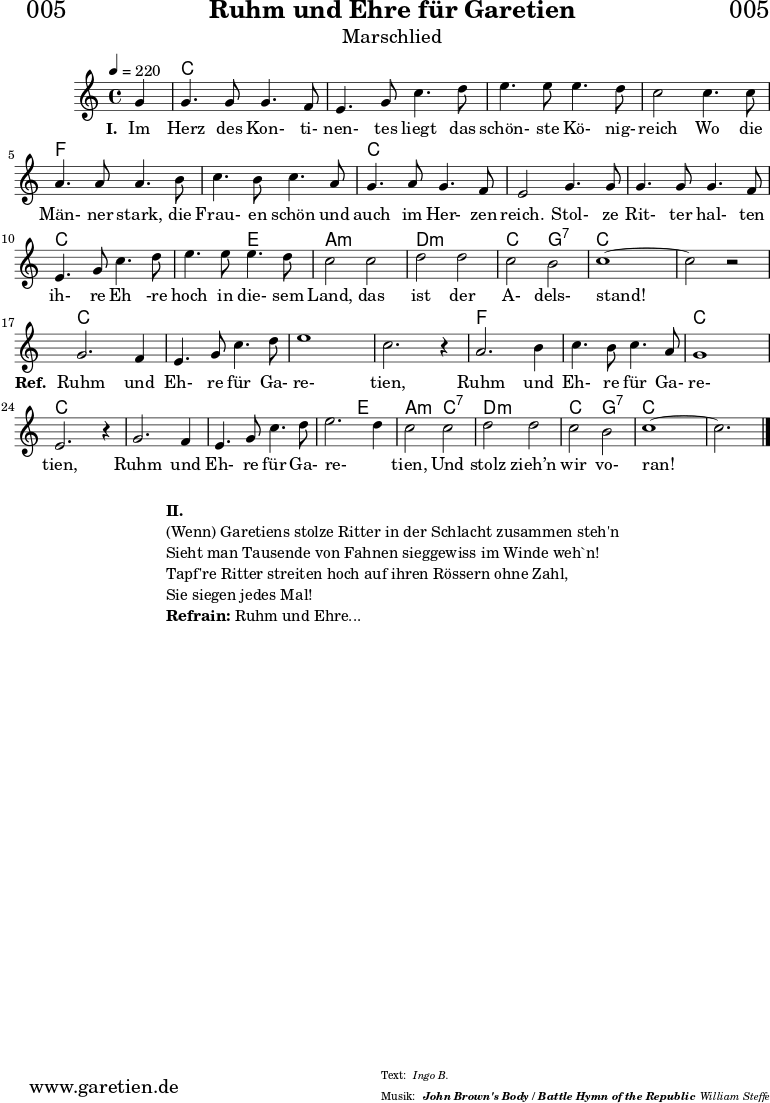 
\header{
  dedication = "🏰005"
  title = "Ruhm und Ehre für Garetien"
  subtitle = "Marschlied"
  subsubtitle = "John Brown's Body / Battle Hymn of the Republic"
  meter = "Ingo B."
  arranger = "William Steffe"
}

myMusic = {
  <<
    
    \chords {
      \germanChords
      \set chordChanges=##t
      s4
      c2 c2 c2 c2 c2 c2 c2 c2
      f2 f2 f2 f2 c2 c2 c2 c2
      c2 c2 c2 c2 c2 e2 a2:m a2:m
      d2:m d2:m c2 g2:7 c2 c2 c2 c2
      
      c2 c2 c2 c2 c2 c2 c2 c2
      f2 f2 f2 f2 c2 c2 c2 c2
      c2 c2 c2 c2 c2 e2 a2:m
      c2:7 d2:m d2:m c2 g2:7 c2 c2 c2
      
    }

    \relative c'' {
      \time 4/4
      \set Staff.midiInstrument="violin"
      \key c \major
      \tempo 4=220
      \partial 4

      g4 | g4. g8 g4. f8 | e4. g8 c4. d8 | e4. e8 e4. d8 | c2
      c4. c8 | a4. a8 a4. b8 | c4. b8 c4. a8 | g4. a8 g4. f8 | e2
      g4. g8 | g4. g8 g4. f8 | e4. g8 c4. d8 | e4. e8 e4. d8 | c2
      c2 | d2 d2 | c2 b2 | c1~ | c2 r2 |
      
      g2. f4 | e4. g8 c4. d8 | e1 | c2. r4 |
      a2. b4 | c4. b8 c4. a8 | g1 | e2. r4 |
      g2. f4 | e4. g8 c4. d8 | e2. d4 | c2 
      c2 | d2 d2 | c2 b2 | c1~ | c2. \bar "|."
    }

    \addlyrics {
      \set stanza ="I. "
      Im Herz des Kon- ti- nen- tes liegt das schön- ste Kö- nig- reich
      Wo die Män- ner stark, die Frau- en schön und auch im Her- zen reich.
      Stol- ze Rit- ter hal- ten ih- re Eh -re hoch in die- sem Land,
      das ist der A- dels- stand!
      \set stanza ="Ref. "
      Ruhm und Eh- re für Ga- re- tien,
      Ruhm und Eh- re für Ga- re- tien,
      Ruhm und Eh- re für Ga- re- _ tien,
      Und stolz zieh’n wir vo- ran!
    }

  >>
}

\score {
  \myMusic
  \layout { }
}

\markup {
  \fill-line {
    \hspace #1
    \column {
      \line { \bold {II.} }
      \line { (Wenn) Garetiens stolze Ritter in der Schlacht zusammen steh'n }
      \line { Sieht man Tausende von Fahnen sieggewiss im Winde weh`n! }
      \line { Tapf're Ritter streiten hoch auf ihren Rössern ohne Zahl, }
      \line { Sie siegen jedes Mal! }
      \line { \bold {Refrain:} Ruhm und Ehre... }
    }
    \hspace #1
  }
}

\score {
  \unfoldRepeats {
    \myMusic
  }
  \midi { }
}
